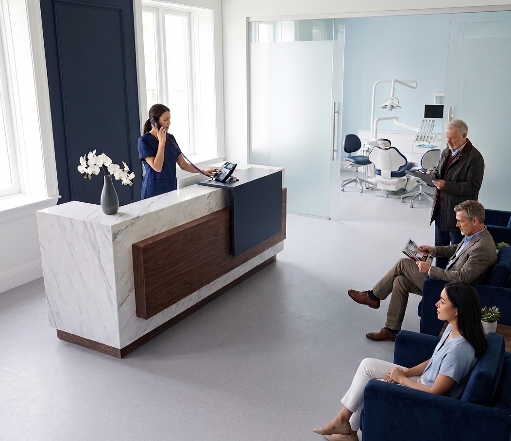 Recepcionista de clínica dental atendiendo el teléfono mientras pacientes esperan en sala